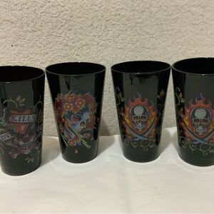 Ed Hardy Designs Black Drinking Glass Tumblers set of 4